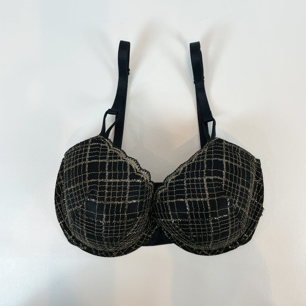 NWOT Victoria's Secret Bra 32DDD Lined Demi Black Gold Metallic